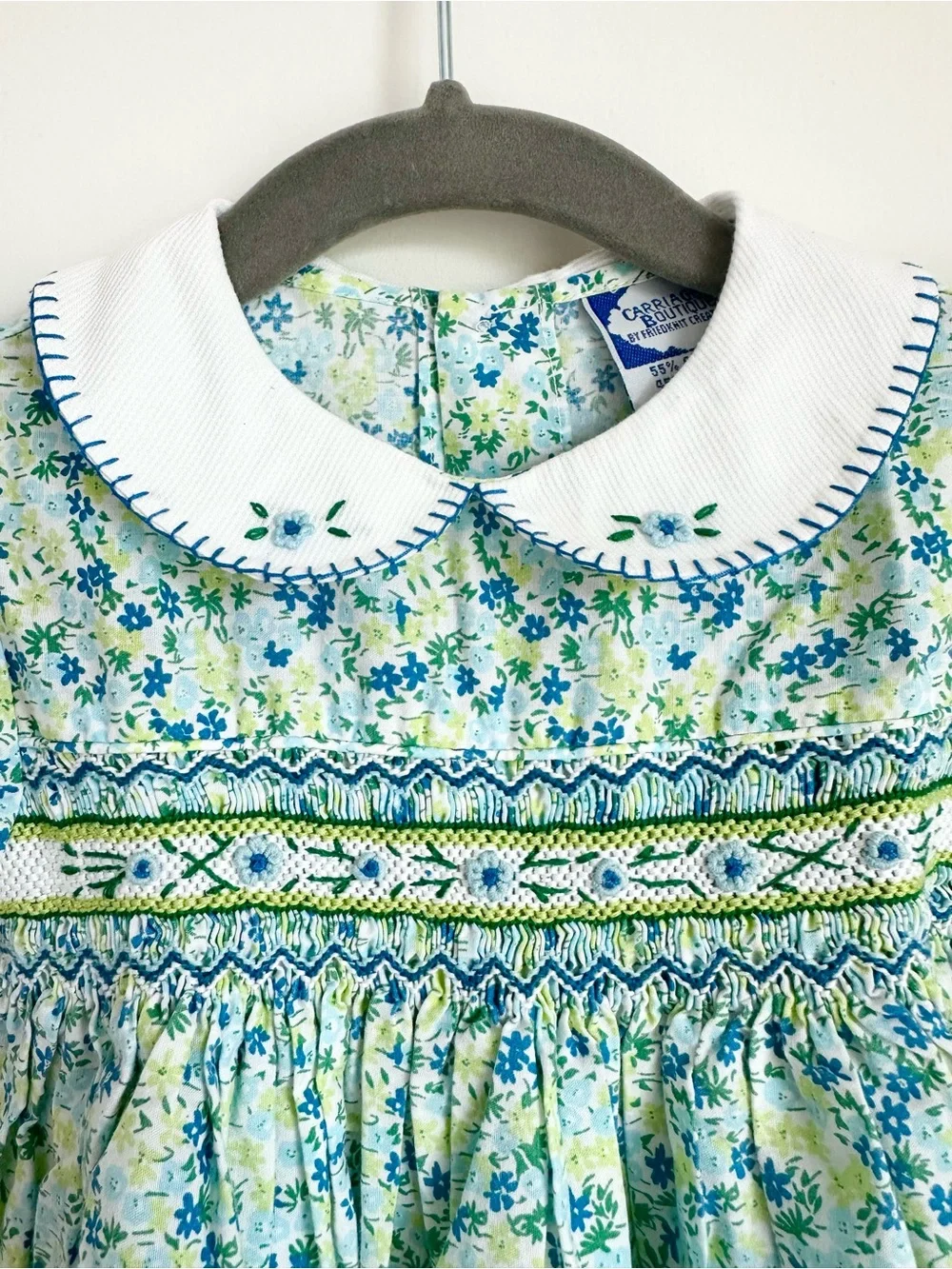 CARRIAGE BOUTIQUE Smocked Floral Peter Pan Collar Dress Blue Green Size 18M